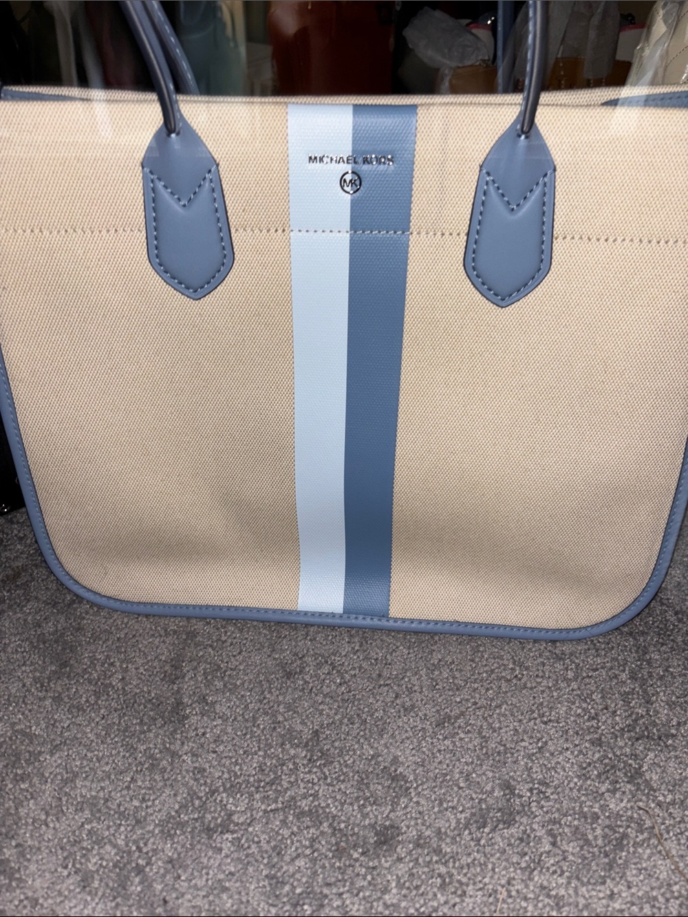 Michael Kors Beige Canvas Messenger Bag with Blue Stripes